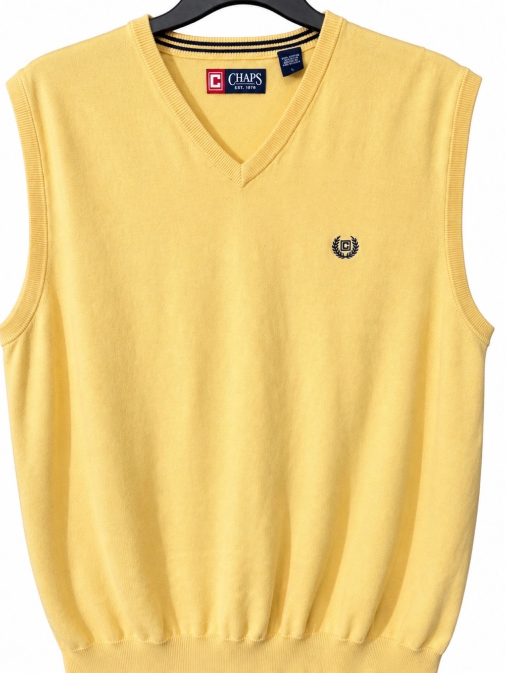 CHAPS Mens XXL Yellow Sweater Vest V Neck Cotton Embroidered Crest Golf Preppy